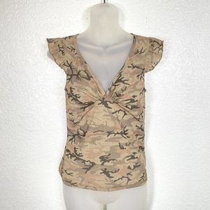 No Boundaries Y2K Top Womens Medium Juniors Camo Semi Sheer V Neck 2000s Blouse